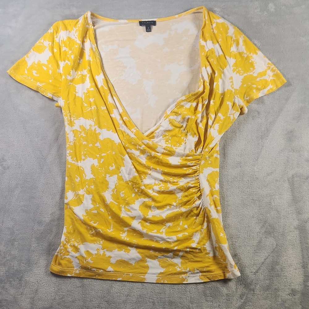 Talbots Faux Wrap Blouse Small Yellow Floral Flutter Sleeves